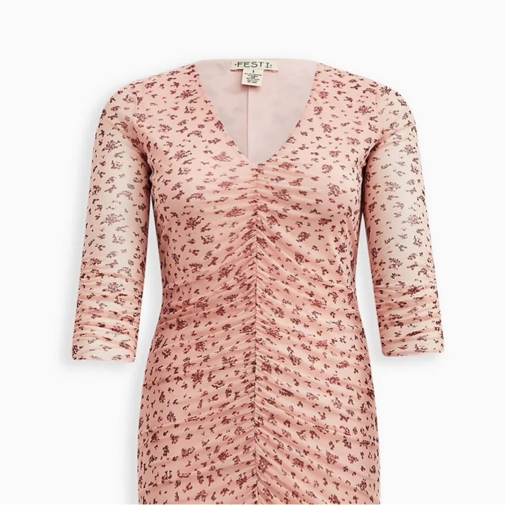 Torrid Plus Size 1x Pink Mesh Mini Dress with Floral Print and Ruching